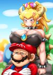  1boy 1girl amano_jack_(paradise_jack) anger_vein black_collar black_dress blonde_hair blue_earrings blue_eyes blue_overalls bowsette breast_rest breasts breasts_on_head brown_hair collar crossed_arms dress facial_hair fang gloves height_difference large_breasts long_hair long_sleeves mario mario_(series) mustache new_super_mario_bros._u_deluxe pointy_ears red_shirt shirt spiked_armlet spiked_collar spiked_shell spikes strapless strapless_dress super_crown turtle_shell white_gloves 