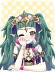  1girl braid cherrymintlove closed_mouth fire_emblem fire_emblem:_three_houses green_eyes green_hair hair_ornament long_hair manakete one_eye_closed pointy_ears smile solo sothis_(fire_emblem) tiara twin_braids twitter_username 