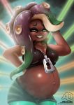  animal_humanoid arrowdark beauty_mark belly big_belly bottomwear breasts cephalopod cephalopod_humanoid clothed clothing dark_skin female hi_res humanoid lips marina_(splatoon) marine marine_humanoid mollusk mollusk_humanoid navel navel_piercing nintendo octarian octoling outie_navel piercing pregnant shorts smile solo splatoon video_games 