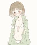  1other androgynous blush brown_hair chara_(undertale) closed_mouth commentary_request looking_at_viewer oshiruko_(tsume) red_eyes short_hair simple_background solo swimsuit swimsuit_under_clothes underswap undertale white_background 