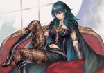  1girl absurdres black_skirt blue_eyes boots breasts byleth_(fire_emblem) byleth_(fire_emblem)_(female) cape cloud couch fire_emblem fire_emblem:_three_houses gauntlets green_hair high_heel_boots high_heels highres knee_boots leg_up long_hair midriff navel pantyhose patterned_clothing pengnangehao simple_background skirt solo window 