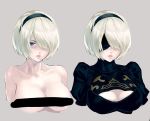  1girl bangs bar_censor bare_shoulders black_blindfold black_dress black_hairband blindfold blue_eyes breasts censored cleavage_cutout collarbone covered_eyes dress hair_over_one_eye hairband large_breasts long_sleeves looking_at_viewer maeshima_shigeki mole mole_under_mouth nier_(series) nier_automata parted_lips pink_lips short_hair silver_hair topless yorha_no._2_type_b 