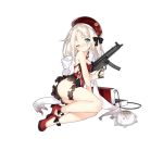  1girl alternate_costume bag bangs blue_eyes blush breasts china_dress chinese_clothes cleavage closed_mouth dress full_body fur_trim girls_frontline gun h&amp;k_mp5 hat holding holding_gun holding_weapon leg_strap legs long_hair looking_at_viewer mp5_(girls_frontline) official_art one_eye_closed open_mouth red_dress red_footwear ribbon saru shoulder_bag silver_hair sitting small_breasts smile solo submachine_gun tassel transparent_background weapon white_coat 