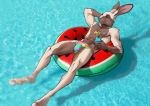  5_fingers abs absurd_res athletic beverage biceps billmund bulge clothed clothing fingers hi_res lagomorph leporid male mammal navel nipples pink_eyes pool_float rabbit solo swimming_pool swimwear topless 