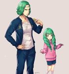  1boy 1girl alternate_costume blue_pants blue_shorts brother_and_sister closed_mouth fire_emblem fire_emblem:_three_houses flayn_(fire_emblem) green_eyes green_hair hair_ornament hashiko_(neleven) holding long_hair long_sleeves open_mouth pants seteth_(fire_emblem) short_hair shorts siblings simple_background twitter_username whistle whistle_around_neck white_legwear 