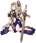  1girl absurdres blonde_hair closed_mouth commission cosplay dress ebinku fire_emblem fire_emblem:_three_houses flower full_body hair_flower hair_ornament highres holding holding_sword holding_weapon kid_icarus kid_icarus_uprising long_hair nachure navel side_ponytail simple_background sitting solo sothis_(fire_emblem) sothis_(fire_emblem)_(cosplay) sword weapon white_background 