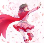  1girl boots cape cherry_blossoms commentary_request cross-laced_footwear dress floral_background floral_print highres iesupa knee_boots lace-up_boots looking_back pantyhose petals petticoat pink_dress pink_footwear ruby_rose rwby smile 