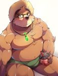  2019 666yubazi anthro belly beverage blush bubble_tea clothing eyewear glasses hat headgear headwear hi_res humanoid_hands male mammal moobs navel nipples overweight overweight_male simple_background sitting solo straw_hat tokyo_afterschool_summoners underwear ursid video_games volos white_background 