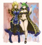  2girls black_bodysuit black_choker blonde_hair blood blood_stain blue_bow bodysuit bow brandish_mu breasts brown_eyes choker cleavage collarbone cross cross_earrings dimaria_yesta earrings fairy_tail fur_trim green_eyes green_hair grin hair_ornament high_heels highres hip_focus jewelry large_breasts looking_at_viewer midriff multiple_girls navel parted_lips pauldrons short_hair smile the_golden_smurf thick_thighs thigh_gap thighs 