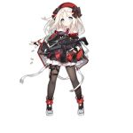  1girl :&lt; ankle_boots bangs beret black_gloves black_legwear blonde_hair blue_eyes blush boots braid cloak closed_mouth collared_dress dress expressionless fingerless_gloves floating_hair full_body girls_frontline gloves gun h&amp;k_mp5 hat heckler_&amp;_koch holding holding_gun holding_weapon holster long_hair looking_at_viewer mod3_(girls_frontline) mp5_(girls_frontline) necktie off_shoulder official_art outstretched_arm pantyhose ribbon saru serious sidelocks sleeveless sleeveless_dress solo submachine_gun thigh_holster thigh_strap transparent_background trigger_discipline weapon white_hair wind 