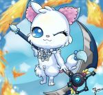  2018 arctic_fox blue_eyes blue_fur canid canine chest_tuft dipstick_tail ear_tuft fire fluffy fluffy_tail fox fur jewelpet jewelry larimar mammal melee_weapon multicolored_tail necklace one_eye_closed polearm sanrio scythe snowflake solo tuft weapon white_fur wink アイリ@スタイルを探して 