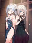  2girls ak-12_(girls_frontline) an-94_(girls_frontline) banned_artist bare_arms bare_shoulders belt black_belt black_dress blue_dress blue_eyes blush breasts cleavage closed_eyes closed_mouth commentary_request cp00 dress girls_frontline grey_hair groin high_ponytail highres long_hair medium_breasts multiple_girls navel ponytail sidelocks silver_hair sleeveless sleeveless_dress sparkle 
