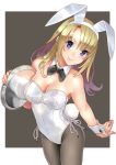  1girl animal_ears bare_shoulders black_legwear black_neckwear blonde_hair blue_eyes bow bowtie breasts bunny_ears bunny_tail bunnysuit cleavage closed_mouth commentary_request cowboy_shot detached_collar fake_animal_ears fake_tail hairband highres holding katahira_masashi large_breasts leotard long_hair looking_at_viewer nail_polish original pantyhose reflection sidelocks smile solo tail two-tone_background white_leotard wrist_cuffs 