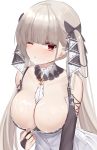  1girl azur_lane bangs between_breasts blush breasts cleavage closed_mouth commentary_request eternity_(pixiv8012826) eyebrows_visible_through_hair formidable_(azur_lane) hair_ribbon highres large_breasts looking_at_viewer one_eye_closed red_eyes ribbon silver_hair simple_background solo suggestive_fluid tears twintails two-tone_ribbon white_background 