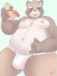 2019 anthro belly brown_fur bulge canid canine clothing fundoshi fur greenbeanyeen gyobu hi_res japanese_clothing male mammal navel one_eye_closed overweight overweight_male raccoon_dog scar solo tanuki tattoo tokyo_afterschool_summoners tongue tongue_out underwear video_games wink 