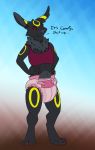  ... 2016 5_fingers anthro black_fur blep bra bri claws clothing diaper eeveelution english_text ennfet female fingers fur hands_on_hip hi_res looking_at_viewer neck_tuft nintendo paws pok&eacute;mon pok&eacute;mon_(species) red_eyes simple_background solo standing text tongue tongue_out tuft umbreon underwear video_games 