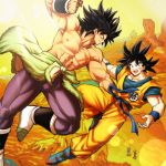  1girl 3boys abs black_eyes black_hair blurry bokeh boots broly_(dragon_ball_super) cheelai chest_scar clenched_hand clothes_around_waist clothes_writing day depth_of_field dougi dragon_ball dragon_ball_super_broly fighting fighting_stance fingernails floating_hair flying from_above frown full_body highres horizon lemo_(dragon_ball) light_rays looking_at_another looking_down looking_up mattari_illust mountain multiple_boys muscle nipples open_mouth orange_sky outdoors pectorals profile purple_legwear scar shirtless sky son_gokuu spiked_hair standing sun sunlight teeth waist_cape white_footwear wristband 