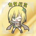  1girl ;d bandaged_arm bandaged_hands bandages bangs blonde_hair blush boots brown_footwear brown_scarf brown_shirt brown_shorts character_name chibi crop_top eyebrows_visible_through_hair flower flower_knight_girl green_eyes green_flower hair_between_eyes hair_flower hair_ornament katabami_(flower_knight_girl) midriff navel one_eye_closed open_mouth outstretched_arm rinechun scarf shirt short_shorts shorts sleeveless sleeveless_shirt smile solo 