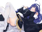 1girl ahoge blue_eyes blue_hair blush breasts dress eyebrows_visible_through_hair hairband high_heels huge_ahoge long_hair long_sleeves looking_at_viewer open_mouth orie_(under_night_in-birth) qian_yuan shoes simple_background solo thighhighs under_night_in-birth under_night_in-birth_exe:late[st] white_background white_hairband white_legwear 