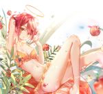  1girl apple arknights ass bangs bare_arms bare_legs bare_shoulders barefoot bikini blurry blurry_background blush breasts brown_bikini brown_eyes cleavage closed_mouth clouble commentary_request depth_of_field eyebrows_visible_through_hair eyes_visible_through_hair feet_out_of_frame food fruit hair_over_one_eye halo hand_up highres holding knees_up looking_at_viewer medium_breasts navel red_apple red_hair solo star swimsuit water_drop white_background 