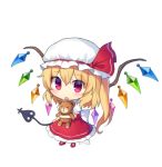  1girl :o blonde_hair blush bow chibi eyebrows_visible_through_hair flandre_scarlet frills full_body hair_between_eyes hat hat_bow holding laevatein large_bow lowres mob_cap no_nose red_eyes red_footwear short_hair short_sleeves side_ponytail simple_background skirt skirt_set solo stuffed_animal stuffed_toy teddy_bear touhou white_background wings yada_(xxxadaman) 