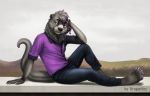  anthro clothing dust_the_otter fur heterochromia kitradragonfox lutrine male mammal mustelid outside paws roof simple_background sky solo white_background 