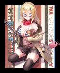  1girl absurdres as_val as_val_(girls_frontline) assault_rifle bangs belt bikini_top black_legwear black_skirt blonde_hair blue_eyes blush boots bow breasts brown_footwear brown_jacket character_name cleavage copyright_name eyelashes girls_frontline glasses gun hair_ornament highres holding holding_gun holding_stuffed_animal holding_weapon jacket long_hair long_sleeves medium_breasts navel off_shoulder pleated_skirt pocket pottsness pouch red_scarf rifle scarf silver_hair skirt smile solo squatting striped striped_bikini_top stuffed_animal stuffed_toy teddy_bear thighhighs weapon 