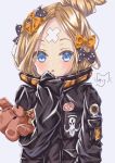  1girl :o abigail_williams_(fate/grand_order) absurdres bangs black_bow black_jacket blonde_hair blue_eyes blush bow commentary_request crossed_bandaids eyebrows_behind_hair fate/grand_order fate_(series) grey_background hair_bow hair_bun hand_up heroic_spirit_traveling_outfit highres jacket long_hair long_sleeves looking_at_viewer mike3284 object_hug orange_bow parted_bangs parted_lips polka_dot polka_dot_bow signature simple_background sleeves_past_fingers sleeves_past_wrists solo stuffed_animal stuffed_toy teddy_bear 