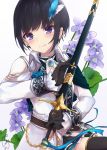  1girl artist_name ascot black_gloves black_hair blue_flower blue_rose bob_cut brooch capelet check_flower commentary_request fair_knight feathers flower gloves hair_feathers holding holding_sword holding_weapon idolmaster idolmaster_cinderella_girls jewelry leaf looking_at_viewer purple_eyes ramr2775 ribbon rose sheath sheathed shirayuki_chiyo simple_background smile solo sword thighhighs violet_(flower) weapon white_background white_coat 