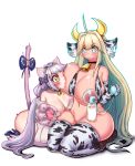  2girls ahoge animal_ears animal_print areolae bell bell_collar blush boots bottomless breast_feeding breast_press breast_pump breast_sucking breasts cat_girl cat_paws cat_tail collar cow_bell cow_ears cow_girl cow_horns cow_print cs_perrault_(last_origin) elbow_gloves elf elven_forest_maker_(last_origin) gloves highres horns huge_breasts lactation large_areolae large_breasts last_origin long_hair milking_machine motherly mu_inochi multiple_girls navel paws pointy_ears silver_hair simple_background sparkling_eyes tail thighhighs tube very_long_hair white_background yuri 