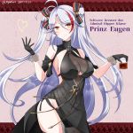  antenna_hair azur_lane black_choker black_dress black_gloves breasts character_name choker cleavage cleavage_cutout commentary_request dress eyebrows_visible_through_hair gloves grey_hair hair_ornament hair_ribbon heart hebitsukai-san highres holding_drink iron_cross large_breasts long_hair mole mole_on_breast multicolored_hair pink_background prinz_eugen_(azur_lane) red_hair ribbon side_slit silver_hair smile streaked_hair two_side_up yellow_eyes 