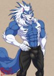  2019 5_fingers abs anthro biceps black_nose blue_fur blue_hair blue_skin bulge canid canine canis capcom claws clothing darkstalkers eyebrows fingers fur gloves_(marking) hair hand_on_hip hungothenomster jon_talbain leg_markings male mammal markings multicolored_fur multicolored_hair multicolored_skin muscular muscular_male muscular_thighs pecs simple_background socks_(marking) solo standing teeth tight_clothing two_tone_fur two_tone_hair two_tone_skin video_games were werecanid werecanine werewolf white_fur white_hair white_skin wolf yellow_eyes 