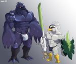  2019 abs anthro anthrofied avian bird bulge clothing corvid corviknight hi_res male melee_weapon muscular muscular_male nintendo pecs penis penis_base pok&eacute;mon pok&eacute;mon_(species) pok&eacute;morph shield simple_background sirfetch&#039;d standing sword thong video_games voviat weapon 