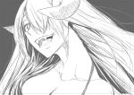 1girl :d absurdres breasts cleavage close-up demon_horns fangs hair_over_one_eye highres horns kojima_takeshi long_hair looking_at_viewer monochrome open_mouth original slit_pupils smile solo 