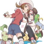  2girls blue_eyes brown_eyes brown_hair chikorita closed_mouth commentary dated double_bun hat kotone_(pokemon) kueru_(yuuki_tamerawanai) leggings legwear_under_shorts long_hair looking_at_viewer mei_(pokemon) multiple_girls open_mouth pantyhose poke_ball pokemon pokemon_(creature) pokemon_(game) shoes short_hair short_twintails shorts sidelocks simple_background smile snivy suspender_shorts suspenders thighhighs twintails visor_cap white_background 