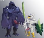  2019 abs anthro anthrofied avian balls bird corvid corviknight erection hi_res humanoid_penis male melee_weapon muscular muscular_male nintendo nude pecs penis pok&eacute;mon pok&eacute;mon_(species) pok&eacute;morph shield simple_background sirfetch&#039;d standing sword video_games voviat weapon 