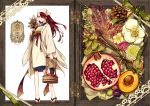  1girl acorn akagi_shun arm_at_side beads box bucket earrings flower flower_request food food_request fruit geta green_ribbon hair_over_one_eye head_scarf herb_bundle holding japanese_clothes jewelry kappougi labcoat lace long_hair looking_at_viewer lotus_root original outside_border peach pigeon-toed pomegranate red_eyes red_hair ribbon rope sash solo standing white_background white_flower wooden_bucket 