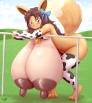  &lt;3 2019 3_toes absurd_res accessory animal_print anthro areola armwear bare_shoulders barefoot bent_over big_areola big_breasts big_nipples blue_bow blue_eyes blush breasts bridal_gauntlets brown_areola brown_hair clothed clothing cow_print cowbell eevee erect_nipples fan_character feet female full-length_portrait glistening glistening_hair glistening_skin gloves hair hair_accessory hair_bow hair_ribbon handwear hanging_breasts heart_marking hi_res huge_breasts humanoid_hands hyper hyper_breasts hyperstorm_h leg_warmers legwear long_hair looking_at_viewer naomi★minette neck_tuft nintendo nipples outside pok&eacute;mon pok&eacute;mon_(species) portrait puffy_areola puffy_nipples ribbons signature smile solo thick_thighs tight_clothing toes topless tuft two_side_up video_games 