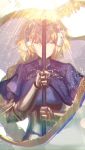  1girl armor armored_dress banner blonde_hair braid chain closed_eyes facing_viewer fate/apocrypha fate/grand_order fate_(series) gauntlets headpiece highres holding jeanne_d&#039;arc_(fate) jeanne_d&#039;arc_(fate)_(all) lens_flare light_rays long_braid single_braid solo standard_bearer upper_body weapon zonotaida 