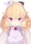  1boy 1girl :&lt; azur_lane bangs blonde_hair blouse blush carabiniere_(azur_lane) chestnut_mouth commentary curly_hair dress embarrassed eyebrows_visible_through_hair flower hair_between_eyes hair_flower hair_ornament hair_ribbon hairband looking_at_viewer note_(suzu_note000) open_mouth pov pov_hands purple_eyes ribbon short_hair short_sleeves sidelocks simple_background sundress white_background white_dress white_ribbon 