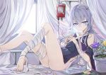  1girl ass bandaged_arm bandaged_leg bandages bangs barefoot bed blood blood_bag blue_eyes blush closed_mouth collarbone curtains dress eyebrows_visible_through_hair flower flower_pot girls_frontline hospital_bed indoors intravenous_drip long_hair lying on_back ribeyrolles_1918_(girls_frontline) shoulder_cutout side_cutout silver_hair solo verslll wavy_hair window 