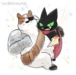  2019 anthro badger badgerclops black_fur domestic_cat duo eye_patch eyes_closed eyewear felid feline felis fur male mammal mao_mao mao_mao_heroes_of_pure_heart melee_weapon mustelid musteline overweight simple_background sword tribdinosaur weapon white_fur 