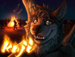  4:3 anthro badge bonfire canid canine canis dragon fire fluke fur green_eyes group hybrid kaji_aldewolf looking_at_viewer mammal night sky solo_focus star starry_sky teeth wolf 