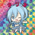  1girl ;d absurdly_long_hair bangs bikkuriman_(style) blue_bow blue_dress blue_eyes blue_footwear blue_hair blush book bow character_name chibi dress eyebrows_visible_through_hair flower_knight_girl frilled_legwear full_body hair_between_eyes hair_bow high_ponytail long_hair nerine_(flower_knight_girl) object_hug one_eye_closed open_mouth parody ponytail puffy_short_sleeves puffy_sleeves rinechun shoes short_sleeves smile solo standing thighhighs very_long_hair white_legwear 