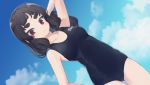  1girl arm_up ass_visible_through_thighs bare_arms bare_shoulders black_hair black_swimsuit blue_sky breasts cloud cloudy_sky collarbone day hand_behind_head kuranami_shiki looking_at_viewer medium_breasts natsuki_teru one-piece_swimsuit original outdoors parted_lips red_eyes short_eyebrows sky solo swimsuit thick_eyebrows 