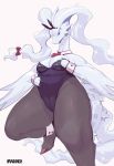  absurd_res anthro anthrofied blue_eyes bow_tie breasts bunny_costume clothing costume dragon female hair hi_res legendary_pok&eacute;mon legwear magiace nintendo pantyhose pok&eacute;mon pok&eacute;mon_(species) reshiram ribbons signature simple_background solo thick_thighs video_games white_hair 