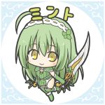  1girl ahoge bangs blush boots breasts character_name chibi closed_mouth dress dual_wielding elbow_gloves eyebrows_visible_through_hair flower_knight_girl full_body gloves green_dress green_footwear green_gloves green_hair green_legwear hair_between_eyes holding holding_sword holding_weapon long_hair mint_(flower_knight_girl) over-kneehighs rinechun small_breasts smile solo standing standing_on_one_leg sword thighhighs very_long_hair weapon yellow_eyes 