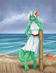  2019 3_toes 5_fingers anthro barefoot breasts day detailed_background digital_media_(artwork) eyebrows eyelashes fingers fur green_fur hair hybrid male non-mammal_breasts outside silvermoonfox sky smile solo toes white_hair 