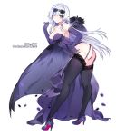  1girl artist_name ass bent_over blue_eyes blush breasts cleavage closed_mouth collarbone dress elbow_gloves elesis_(elsword) elsword eyebrows_visible_through_hair eyewear_on_head full_body fur fur_trim garter_straps gloves high_heels lace lace-trimmed_legwear large_breasts long_dress long_hair looking_at_viewer mal_poi one_eye_closed panties petals purple_dress purple_gloves purple_legwear purple_panties simple_background smile solo standing strapless strapless_dress sunglasses thighhighs thighs underwear white_background white_hair 