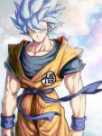  1boy aqua_background arms_at_sides blue_background blue_eyes blue_hair blurry bokeh clenched_hands clothes_lift depth_of_field dougi dragon_ball dragon_ball_super dragon_ball_z floating_hair gradient gradient_background grey_background highres light_smile looking_at_viewer male_focus mattari_illust muscle pectorals pink_background shaded_face simple_background smile son_gokuu spiked_hair standing super_saiyan_blue upper_body white_background wind wind_lift wristband 